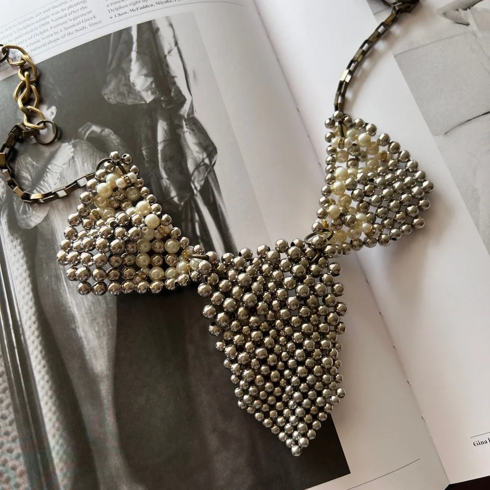 Silver and Gold Beaded Bib Necklace with Textured Pendants - Picture 4 of 10
